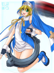 Rule 34 | 1boy, :d, arc system works, black gloves, blonde hair, bridget (guilty gear), child, dress, fingerless gloves, full body, gloves, green eyes, guilty gear, guilty gear xx, head tilt, jumping, long hair, looking at viewer, male focus, open mouth, simple background, smile, solo, trap, veil, white background, white dress