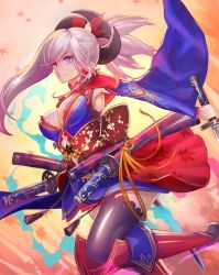 Rule 34 | 1girl, armpits, blue eyes, blue kimono, breasts, cleavage, earrings, fate/grand order, fate (series), japanese clothes, jewelry, kazto furuya, kimono, large breasts, miyamoto musashi (fate), miyamoto musashi (third ascension) (fate), ponytail, smile