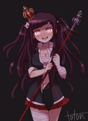 Rule 34 | 1girl, bandage on leg, bandaged arm, bandaged chest, bandaged hand, bandaged leg, bandaged neck, bandages, bear hair ornament, black background, black shirt, breasts, cleavage, collarbone, collared shirt, cosplay, crown, crown hair ornament, danganronpa (series), danganronpa 2: goodbye despair, drooling, enoshima junko, enoshima junko (cosplay), female focus, gradient eyes, hair ornament, long hair, messy hair, multicolored clothes, multicolored eyes, open mouth, pleated skirt, purple eyes, purple hair, red skirt, shiny skin, shirt, simple background, skirt, solo, staff, standing, teeth, tongue, tsumiki mikan, twintails, upper teeth only