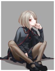 Rule 34 | 1girl, absurdres, black cape, black footwear, black necktie, black pantyhose, black shirt, black skirt, blonde hair, bob cut, breasts, cape, commentary request, grey background, highres, ildy, looking at viewer, necktie, original, pantyhose, pleated skirt, red eyes, shirt, shoes, short hair, sitting, skirt, slit pupils, small breasts, solo, uniform