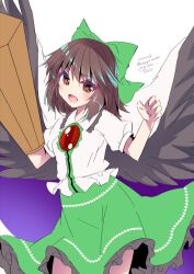 Rule 34 | 1girl, arm cannon, black wings, bow, brown eyes, brown hair, cape, commentary request, dated, enjoy mix, fang, green bow, green skirt, hair bow, long hair, looking at viewer, one-hour drawing challenge, reiuji utsuho, shirt, signature, simple background, skirt, solo, third eye, touhou, twitter username, weapon, white background, white shirt, wings