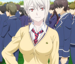 Rule 34 | 10s, 1girl, breasts, collared shirt, hair between eyes, hand on own hip, highres, large breasts, long sleeves, looking at viewer, nakiri alice, necktie, outdoors, red eyes, school uniform, screencap, shirt, shokugeki no souma, short hair, silver hair, smile, stitched, striped neckwear, sweater, third-party edit, uniform, upper body, white shirt