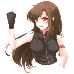 Rule 34 | 00s, 1990s (style), 1girl, armband, black gloves, breasts, brown hair, fighting stance, final fantasy, final fantasy vii, final fantasy vii advent children, gloves, long hair, mayuzumi, red eyes, serious, solo, tifa lockhart, upper body, zipper