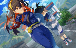 Rule 34 | 1boy, 1girl, absurdres, ame akira, belt, belt buckle, black hair, blue jacket, blue pants, brother and sister, buckle, building, bush, carmine (pokemon), cloud, collared shirt, commentary request, creatures (company), day, fanny pack, game freak, gloves, grin, hair between eyes, hairband, highres, holding, holding poke ball, jacket, kieran (pokemon), knees, nintendo, outdoors, pants, poke ball, poke ball (basic), pokemon, pokemon sv, shirt, shoes, short hair, shorts, siblings, single glove, sky, smile, socks, standing, teeth, yellow bag, yellow hairband