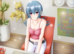 Rule 34 | 1girl, abra, bad id, bad pixiv id, blue hair, blush, book, breasts, chair, cleavage, creatures (company), cup, curly hair, disposable cup, game freak, gen 1 pokemon, gym leader, highres, kokonoe sekai, large breasts, long hair, looking at viewer, map, midriff, mug, nintendo, pants, plant, pokemon, pokemon (creature), pokemon hgss, potted plant, red eyes, sabrina (pokemon), sitting, solo, spaghetti strap, spoon, table