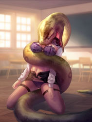 Rule 34 | 1girl, absurdres, artist request, asphyxiation, blush, breasts, classroom, constriction, highres, interspecies, large breasts, panties, peril, restrained, snake, swallowing, tagme, teacher, torn clothes, underwear, vore