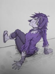Rule 34 | 10s, 1boy, arai hiroki, bad id, bad twitter id, bandages, earrings, from above, grey background, hisomu yoshiharu, jewelry, kiznaiver, looking at viewer, male focus, pale skin, piercing, purple hair, sandals, solo, torn clothes, yellow eyes