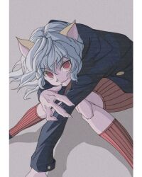 Rule 34 | 1other, absurdres, androgynous, animal ears, cat ears, cat tail, chimera ant, curly hair, doll joints, enoki (gongindon), fingernails, grey background, highres, hunter x hunter, joints, long sleeves, looking at viewer, neferpitou, other focus, red eyes, sharp fingernails, short hair, simple background, smile, solo, squatting, tail, white hair