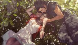 Rule 34 | 1boy, 1girl, 3d, aerith gainsborough, armor, baggy pants, bangle, bare arms, black hair, blurry, blurry background, bracelet, breasts, brown hair, choker, cleavage, commentary, couple, crisis core final fantasy vii, cropped jacket, dress, earrings, elbow rest, emy-san, english commentary, feet out of frame, final fantasy, final fantasy vii, final fantasy vii rebirth, final fantasy vii remake, grass, green eyes, hair slicked back, hand on another&#039;s cheek, hand on another&#039;s face, highres, jacket, jewelry, lips, long hair, looking at viewer, lying, on back, on side, open clothes, open jacket, outdoors, pants, parted bangs, parted lips, patreon username, pink dress, red jacket, shirt, shoulder armor, sleeveless, sleeveless shirt, sleeveless turtleneck, small breasts, spiked hair, stud earrings, sweater, turtleneck, turtleneck sweater, twitter username, zack fair