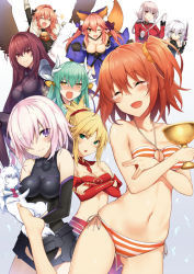 Rule 34 | 10s, 1boy, 6+girls, ^ ^, animal ears, arm up, armor, armored dress, astolfo (fate), bandages, bandeau, bare shoulders, barefoot, bikini, black bow, black gloves, black leotard, blue kimono, blush, blush stickers, bodysuit, bow, braid, breastplate, breasts, brown eyes, brown hair, chalice, cleavage, closed eyes, closed mouth, crossed arms, cup, dagger, detached collar, detached sleeves, elbow gloves, fate/apocrypha, fate/extra, fate/grand order, fate (series), florence nightingale (fate), fou (fate), fox ears, fox tail, fujimaru ritsuka (female), fujimaru ritsuka (female) (brilliant summer), fur trim, gloves, gluteal fold, green eyes, green hair, grey hair, hair between eyes, hair bow, hair intakes, hair ornament, hair scrunchie, halterneck, holding, holding sword, holding weapon, horns, jack the ripper (fate/apocrypha), japanese clothes, jitome, kimono, kiyohime (fate), knife, large breasts, leaning forward, leotard, long hair, long sleeves, mash kyrielight, medium breasts, midriff, military, military uniform, mordred (fate), mordred (fate/apocrypha), multiple girls, nakatama kyou, navel, nose blush, o-ring, o-ring top, official alternate costume, open mouth, orange bikini, pauldrons, pink hair, purple hair, scathach (fate), scrunchie, short hair, shoulder armor, side-tie bikini bottom, side ponytail, sidelocks, smile, stomach, striped bikini, striped clothes, swimsuit, sword, tail, tamamo (fate), tamamo no mae (fate/extra), tears, thighs, trap, uniform, weapon, wide sleeves, yellow eyes