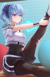 Rule 34 | 1girl, absurdres, ball, black shorts, blue hair, blue nails, breasts, brick wall, character name, clenched teeth, commentary request, copyright name, crop top, exercise ball, flying sweatdrops, grey eyes, hair between eyes, hair ribbon, highres, hololive, hololive dance practice uniform, hoshimachi suisei, leotard, leotard under clothes, nail polish, official alternate costume, on ground, pantyhose, ponytail, ribbon, shirt, shorts, sidelocks, sitting, small breasts, solo, stretching, sweat, teeth, thighs, virtual youtuber, wajuniorbox, white background, white shirt, wooden floor