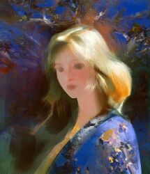 Rule 34 | 1girl, abstract, art study, blonde hair, blue kimono, blush, closed mouth, commentary, dappled sunlight, english commentary, faux traditional media, from side, highres, japanese clothes, kimono, lips, long hair, looking at viewer, original, outdoors, portrait, short hair, solo, sunlight, tree, yuming li