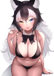 Rule 34 | 1girl, akuma (st.takuma), animal ear fluff, animal ears, bikini, black bikini, black bow, black bowtie, black hair, blue eyes, bow, bowtie, breasts, cleavage, clothes pull, detached collar, fang, fingernails, grey hair, grey wolf (kemono friends), groin, hair between eyes, hand rest, hand up, heterochromia, highres, kemono friends, large breasts, long hair, looking at viewer, multicolored hair, open mouth, pulled by self, sitting, skindentation, smile, solo, strap pull, swimsuit, tail, thigh gap, two-tone hair, very long hair, wing collar, wolf ears, wolf girl, wolf tail, yellow eyes