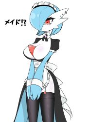 Rule 34 | 1girl, apron, back bow, black dress, black ribbon, black thighhighs, blue hair, blue skin, bob cut, bow, breasts, brooch, cleavage, closed mouth, clothed pokemon, colored skin, creatures (company), detached collar, dress, earrings, expressionless, female focus, frilled apron, frills, game freak, gardevoir, garter straps, gen 3 pokemon, hair over one eye, heart, japanese text, jewelry, large breasts, maid, maid headdress, multicolored skin, multiple earrings, neck ribbon, nintendo, one eye covered, osenchurii, own hands together, pink gemstone, pokemon, pokemon (creature), puffy short sleeves, puffy sleeves, red eyes, ribbon, short hair, short sleeves, simple background, solo, stud earrings, thighhighs, translated, two-tone skin, v arms, waist apron, white apron, white background, white bow, white skin, wrist cuffs