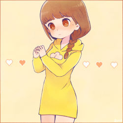 Rule 34 | 1girl, ayu (mog), blush, braid, breasts, bright pupils, brown eyes, brown hair, cleavage, cleavage cutout, closed mouth, clothing cutout, cowboy shot, dress, hair over shoulder, hands up, heart, hood, hood down, hooded dress, jyushimatsu&#039;s girlfriend, medium hair, osomatsu-kun, osomatsu-san, osomatsu (series), short dress, solo, standing, sweatdrop, yellow background, yellow dress