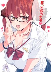 Rule 34 | 2girls, :d, alternate costume, bespectacled, breasts, cleavage, glasses, goshiki suzu, heart, highres, himemori luna, hololive, houshou marine, large breasts, multiple girls, open mouth, pink hair, red eyes, red hair, school uniform, short sleeves, smile, sunglasses, twintails, virtual youtuber