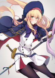 Rule 34 | 1girl, absurdres, artoria caster (fate), artoria caster (second ascension) (fate), artoria pendragon (fate), belt, blonde hair, blue belt, blue capelet, blue headwear, blush, breasts, cape, capelet, fate/grand order, fate (series), gloves, green eyes, highres, holding, holding staff, long hair, long sleeves, looking at viewer, multicolored cape, multicolored capelet, multicolored clothes, nanakaku, pantyhose, smile, staff, sword, weapon