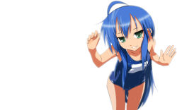 Rule 34 | 00s, 1girl, :3, ahoge, armpits, blue hair, blue one-piece swimsuit, blurry, breasts, collarbone, cowboy shot, depth of field, green eyes, grin, hair between eyes, hands up, head tilt, highres, izumi konata, leaning forward, long hair, looking at viewer, lucky star, mole, mole under eye, name tag, naughty face, nilitsu, one-piece swimsuit, parted bangs, school swimsuit, sidelocks, simple background, small breasts, smile, solo, standing, swimsuit, very long hair, wallpaper