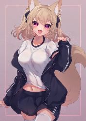 Rule 34 | 1girl, :d, absurdres, animal ear fluff, animal ears, black bow, black jacket, black shorts, bow, breasts, brown hair, commentary request, fox ears, fox girl, fox tail, grey background, gym shirt, gym shorts, gym uniform, hair bow, hair ornament, hairclip, hand up, highres, hinata (user rjkt4745), jacket, long hair, long sleeves, looking at viewer, medium breasts, midriff peek, navel, open clothes, open jacket, open mouth, original, pinching sleeves, puffy long sleeves, puffy short sleeves, puffy sleeves, purple eyes, shirt, short shorts, short sleeves, shorts, smile, solo, tail, thighhighs, track jacket, two side up, white shirt, white thighhighs