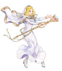 Rule 34 | 1girl, blonde hair, blue eyes, breasts, cape, dress, female focus, fire emblem, fire emblem: the sacred stones, fire emblem heroes, full body, highres, holding, holding staff, hood, itou misei, long dress, long hair, long sleeves, medium breasts, natasha (fire emblem), nintendo, official art, parted bangs, solo, staff, transparent background, white dress, white footwear