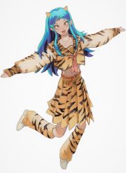 Rule 34 | 1girl, absurdres, alternate costume, animal print, belt, breasts, cone horns, full body, green hair, highres, horns, kneehighs, long hair, looking at viewer, lum, medium breasts, mossacannibalis, navel, oni, open mouth, outstretched arms, pointy ears, school uniform, smile, socks, solo, standing, standing on one leg, swimsuit, tiger print, urusei yatsura