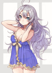 Rule 34 | 1girl, ahoge, alternate costume, blush, breasts, cleavage, closed mouth, collarbone, cowboy shot, grey eyes, hair between eyes, hands in hair, kantai collection, large breasts, long hair, looking at viewer, mitsuyo (mituyo324), silver hair, solo, washington (kancolle)