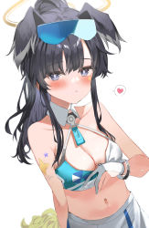 Rule 34 | 1girl, absurdres, animal ears, black hair, blue archive, blush, breasts, bright pupils, cheerleader, cleavage, dog ears, dog girl, eyewear on head, grey eyes, halo, heart, hibiki (blue archive), hibiki (cheer squad) (blue archive), highres, medium breasts, midriff, millennium cheerleader outfit (blue archive), navel, pom pom (cheerleading), ponytail, solo, spoken heart, star (symbol), sticker on face, sutei (arece15), white pupils