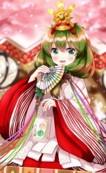 Rule 34 | 1girl, blurry, blurry background, bottle, front ponytail, green eyes, green hair, hand fan, highres, hinamatsuri, holding, holding bottle, holding fan, japanese clothes, kagiyama hina, kimono, open mouth, ruu (tksymkw), smile, solo, touhou, wide sleeves
