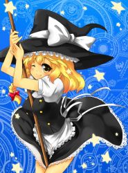 Rule 34 | 1girl, bad id, bad pixiv id, between breasts, between legs, blonde hair, blue background, braid, breasts, broom, buttons, fang, female focus, hat, kirisame marisa, large breasts, looking at viewer, magic circle, one eye closed, short hair, smile, solo, toichi, touhou, wink, witch, witch hat, yellow eyes