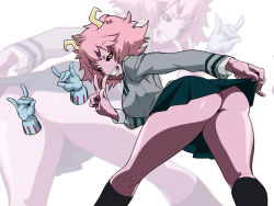 Rule 34 | 2girls, \n/, ashido mina, ass, black legwear, black sclera, black skirt, boku no hero academia, clothes lift, colored sclera, colored skin, double \n/, feet out of frame, fox shadow puppet, from behind, gloves, grin, guido (sucurapu), hagakure tooru, half-closed eyes, hand up, hands up, horns, invisible, jacket, kneepits, leaning forward, lifted by self, long sleeves, looking at viewer, looking back, medium hair, messy hair, miniskirt, multiple girls, naughty face, no panties, nude, orange eyes, pink hair, purple skin, school uniform, skirt, skirt lift, smile, socks, solo focus, standing, v