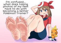 Rule 34 | barefoot, commentary, creatures (company), embarrassed, english commentary, feet, full body, game freak, gen 3 pokemon, highres, may (pokemon), nintendo, nush advance, pokemon, pokemon rse, third-party edit, third-party source, toes, torchic