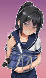 Rule 34 | 1girl, ayano aishi, bag, bag charm, black hair, character charm, character doll, charm (object), collarbone, cowboy shot, evil smile, eyebrows, glint, gradient background, grey eyes, heart, knife, long hair, looking at viewer, pink background, pleated skirt, ponytail, purple background, school uniform, serafuku, shaded face, short sleeves, simple background, skirt, smile, solo, taro yamada, wanao, yandere, yandere simulator
