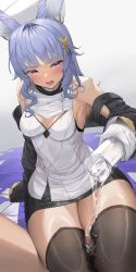 Rule 34 | 1boy, animal ears, blue hair, cum, cum on legs, earclip, ejaculation, erection, erune, gloves, granblue fantasy, grinding, hetero, highres, nude, penis, sayaka ikku, solo focus, thick thighs, thigh sex, thighs, tikoh, white gloves, wide hips