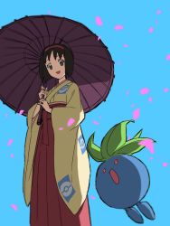 Rule 34 | 1girl, black hair, blue background, commentary, creatures (company), erika (pokemon), from below, game freak, gen 1 pokemon, grey eyes, hairband, holding, holding umbrella, japanese clothes, long sleeves, looking down, nintendo, oddish, open mouth, petals, poke ball symbol, pokemon, pokemon (creature), pokemon frlg, red hairband, symbol-only commentary, umbrella, wide sleeves, yoko.u
