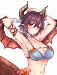 Rule 34 | 1girl, ahoge, armpits, arms behind head, ayumira (axlx3), bad id, bad pixiv id, bandaged arm, bandaged hand, bandages, bikini, bikini top only, blue bikini, blush, breasts, choker, cleavage, collarbone, commentary request, dragon girl, dragon horns, dragon tail, dragon wings, granblue fantasy, grea (shingeki no bahamut), head tilt, highres, horns, large breasts, looking at viewer, navel, pointy ears, purple hair, red eyes, shingeki no bahamut, short hair, smile, solo, swimsuit, tail, upper body, white background, wings