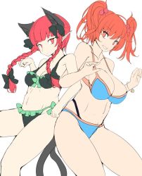 Rule 34 | 2girls, :d, animal ears, bikini, blue bikini, blunt bangs, bow, braid, breasts, cat ears, cat tail, cleavage, clenched hand, extra ears, flat color, green bikini, green bow, hair bobbles, hair bow, hair ornament, jyaoh0731, kaenbyou rin, large breasts, long hair, looking at viewer, medium breasts, multiple girls, multiple tails, navel, nekomata, onozuka komachi, open mouth, pointy ears, red eyes, red hair, side braids, smile, standing, swimsuit, tail, thighs, touhou, twin braids, two side up, two tails