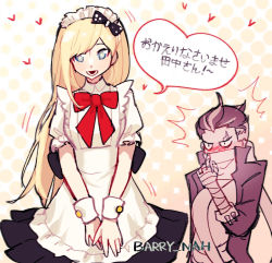 Rule 34 | 1boy, 1girl, :d, alternate costume, apron, artist name, bandaged arm, bandages, barry nah, black bow, black dress, blonde hair, blush, bow, bowtie, danganronpa (series), danganronpa 2: goodbye despair, dress, enmaided, green eyes, hair bow, hand up, heart, highres, jacket, long hair, lower teeth only, maid, maid apron, maid headdress, multicolored hair, open mouth, red bow, red bowtie, scarf, smile, sonia nevermind, speech bubble, tanaka gundham, teeth, translation request, two-tone hair, wrist cuffs