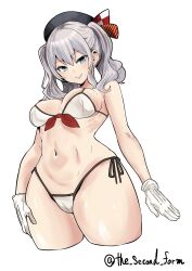 Rule 34 | 1girl, absurdres, bikini, blue eyes, breasts, cropped legs, front-tie bikini top, front-tie top, gloves, grey hair, highres, kantai collection, kashima (kancolle), medium breasts, navel, one-hour drawing challenge, side-tie bikini bottom, simple background, solo, swimsuit, the second form, twintails, twitter username, wavy hair, white background, white bikini, white gloves