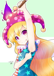 Rule 34 | 1girl, :p, american flag dress, aozora market, armpits, blonde hair, blush, clownpiece, fairy wings, hat, jester cap, long hair, looking at viewer, purple eyes, solo, tongue, tongue out, torch, touhou, very long hair, wavy hair, wings