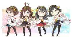 Rule 34 | 10s, 4girls, :d, adjusting eyewear, ahoge, black eyes, black hair, blue eyes, brown eyes, brown hair, detached sleeves, frilled skirt, frills, glasses, hairband, haruna (kancolle), hiei (kancolle), japanese clothes, kantai collection, kirishima (kancolle), kongou (kancolle), looking at viewer, multiple girls, nontraditional miko, noro (okanoro), open mouth, pantyhose, purple eyes, ribbon-trimmed sleeves, ribbon trim, siblings, sisters, skirt, smile, thighhighs, wide sleeves