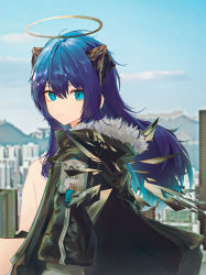 Rule 34 | 1girl, arknights, black jacket, blue eyes, blue hair, blue sky, city, closed mouth, day, detached wings, eyebrows hidden by hair, from side, fur-trimmed jacket, fur trim, halo, highres, horns, jacket, long hair, long sleeves, looking at viewer, looking to the side, mostima (arknights), open clothes, open jacket, outdoors, runamonet, sky, smile, solo, very long hair, wings
