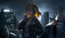 Rule 34 | 1girl, bandages, black coat, blonde hair, blood, blood stain, cigarette, cityscape, coat, collarbone, corpse, grey eyes, hand in pocket, highres, blade to throat, lighter, looking away, original, rain, short hair, solo, summergoat, water drop