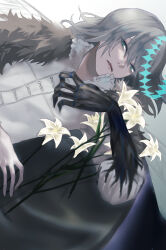 Rule 34 | 1boy, absurdres, arthropod boy, blue eyes, cloak, collared shirt, crown, diamond hairband, dragonfly wings, fate/grand order, fate (series), flower, fur-trimmed cloak, fur trim, grey hair, highres, insect wings, looking at viewer, male focus, medium hair, oberon (fate), oberon (third ascension) (fate), oowoo0818, shirt, simple background, solo, upper body, white background, white flower, white shirt, wings