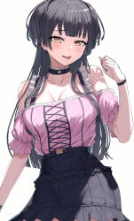 Rule 34 | 1girl, :d, absurdres, bare shoulders, black choker, black hair, black skirt, blunt bangs, blunt ends, blush, breasts, choker, cleavage, collarbone, commentary request, cowboy shot, eyelashes, frilled choker, frilled sleeves, frills, hand up, high-waist skirt, highres, idolmaster, idolmaster shiny colors, jirai kei, large breasts, long hair, looking at viewer, mayuzumi fuyuko, miniskirt, off-shoulder shirt, off shoulder, open mouth, pink shirt, shirt, short sleeves, sidelocks, simple background, skirt, smile, solo, standing, take978733141, tongue, tongue out, tsurime, very long hair, white background, yellow eyes
