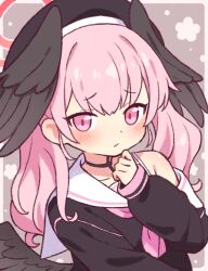 Rule 34 | 1girl, beret, black hat, black shirt, blue archive, blush, bra strap, closed mouth, commentary, feathered wings, halo, hat, head wings, koharu (blue archive), long hair, long sleeves, looking at viewer, low wings, neckerchief, onyhakase, pink eyes, pink hair, pink halo, pink neckerchief, puffy long sleeves, puffy sleeves, sailor collar, sailor shirt, shirt, single bare shoulder, sleeves past wrists, solo, twintails, upper body, white sailor collar, wings