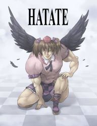 Rule 34 | 1girl, checkered background, checkered clothes, checkered skirt, feathers, female focus, hat, himekaidou hatate, kurogarasu, muscular, skirt, solo, tokin hat, touhou, twintails, wings