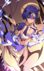 Rule 34 | 1girl, absurdres, bare shoulders, blue eyes, blue hair, breasts, candace (genshin impact), card, cleavage, closed mouth, dark skin, dragon, egyptian, egyptian clothes, genshin impact, gishihi, hair ornament, hairband, heterochromia, highres, holding, holding card, large breasts, monster reborn, sharp teeth, smile, teeth, the winged dragon of ra, vambraces, yellow eyes, yu-gi-oh!