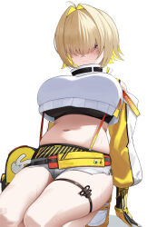 Rule 34 | 1girl, absurdres, ahoge, bexercube, black sports bra, blonde hair, blush, breasts, closed mouth, commentary, crop top, crop top overhang, cropped sweater, elegg (nikke), goddess of victory: nikke, grey shorts, hair intakes, hair over eyes, highres, kneeling, large breasts, long sleeves, looking at viewer, micro shorts, multicolored hair, navel, plump, purple eyes, short hair, shorts, simple background, smile, solo, sports bra, squatting, stomach, suspender shorts, suspenders, sweater, thigh strap, thighs, two-tone hair, white background, white sweater