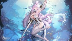 Rule 34 | 1girl, armor, artist request, breasts, bridal gauntlets, bridal legwear, cleavage, closed mouth, copyright notice, echocalypse, fins, fish, fish girl, fish tail, hair over one eye, head fins, highres, holding, holding sword, holding weapon, katana, kyubey (echocalypse), large breasts, logo, long hair, official art, purple eyes, second-party source, sheath, sheathed, shoulder armor, single vambrace, solo, sword, tail, underwater, vambraces, weapon