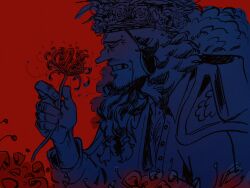 Rule 34 | 1boy, beard, black hair, braid, braided beard, bryach2, closed eyes, epaulettes, facial hair, flower, flower wreath, highres, holding, holding flower, limited palette, long beard, long hair, male focus, marshall d. teach, missing tooth, mustache, one piece, red background, red flower, sketch, spider lily, upper body